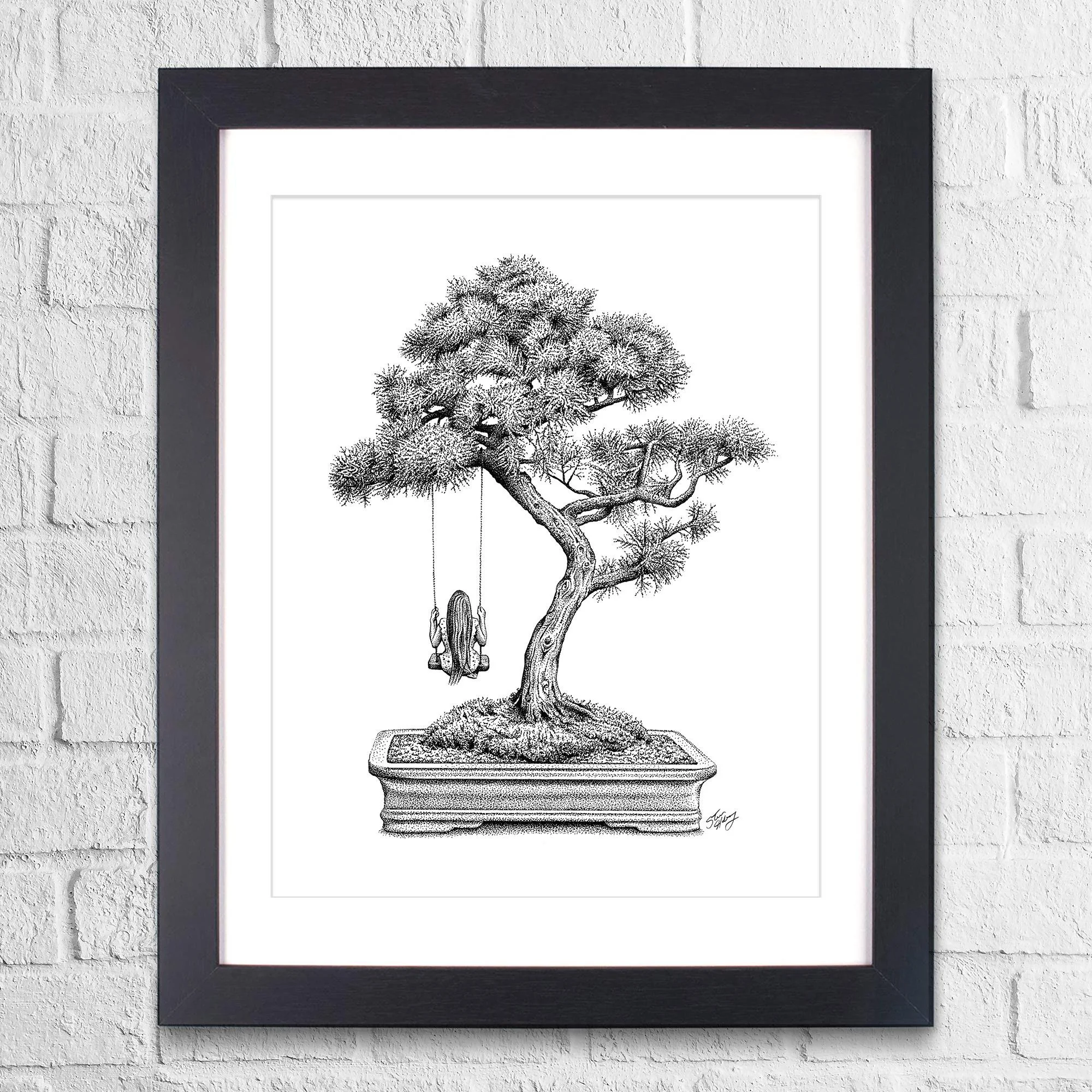 Girl Swinging on Bonsai Art Print — Habby Art - Whimsical Ink